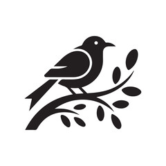 Bird Silhouette Sitting on Branch with Leaves