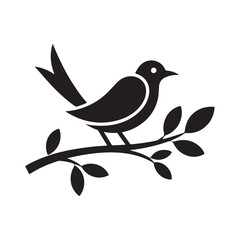 Bird Silhouette Sitting on Branch with Leaves
