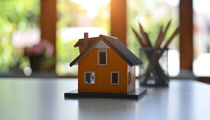 Miniature house on a table, blurred background