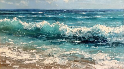 Fototapeta premium Bright sunlight illuminates the ocean waves as they crash onto the sandy beach. The water features vibrant shades of blue and teal creating a refreshing scene on a beautiful day.