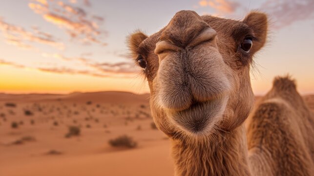 A friendly camel poses for a close-up in the desert as the sun sets casting warm colors across the sky and highlighting the sandy landscape around it.