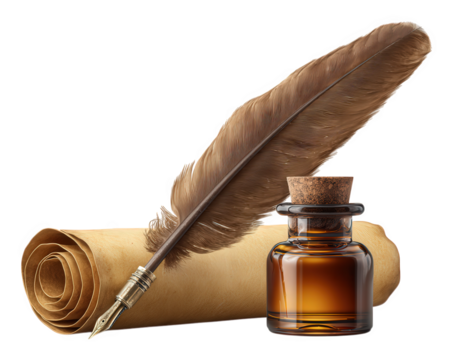 Quill pen ink bottle parchment scroll vintage writing feather antique brown rolled paper classic historical creative inspiration elegant and nostalgic style