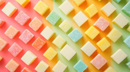 A Colorful Delight: Pastel Candy Cubes Arranged on a Vibrant Gradient Background
