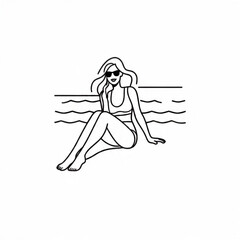 Black and white line art of a beautiful woman relaxing by the beach minimalist peaceful illustration