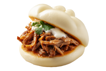 Polynesian steamed bao bun filled with shredded pork, creamy sauce, and cilantro leaves, isolated on white transparent background, concept of Polynesian Snacks Keke Pua street food