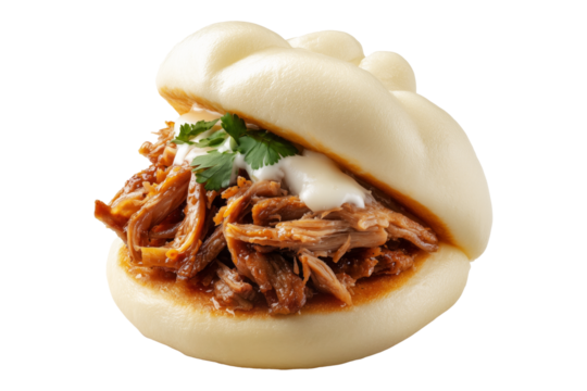 Polynesian steamed bao bun filled with shredded pork, creamy sauce, and cilantro leaves, isolated on white transparent background, concept of Polynesian Snacks Keke Pua street food