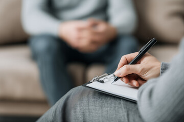 Therapist writing notes during a therapy session