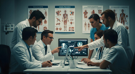 Healthcare staff collaborate during a diagnostic meeting, examining medical images and planning treatments