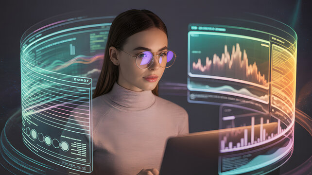 Woman with glasses working on a laptop surrounded by digital charts and data visualizations