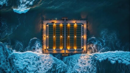 Aerial view of a dock with illuminated containers against crashing waves, showcasing the interplay between industry and nature.