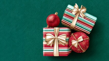 Red and Green Christmas Gifts on Teal Background