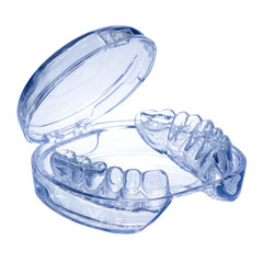 Clear plastic mouthguard in a container