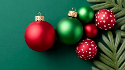 Red And Green Christmas Ornaments On Green Background