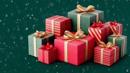 Red And Green Christmas Presents On Dark Green Background