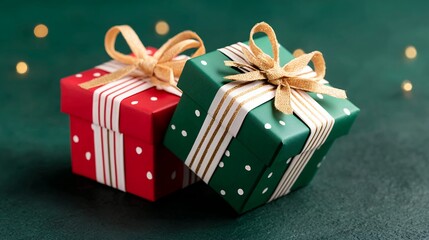 Red and Green Gift Boxes with Gold Ribbons on Dark Green Background