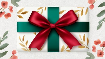 Red And Green Gift Bow On White Present