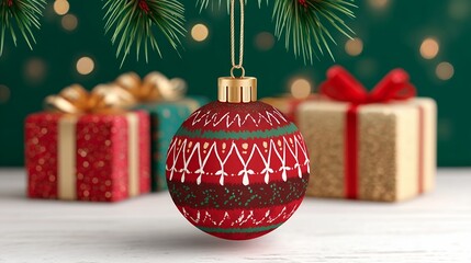 Red And Green Knitted Christmas Ornament Hanging On Tree Branch