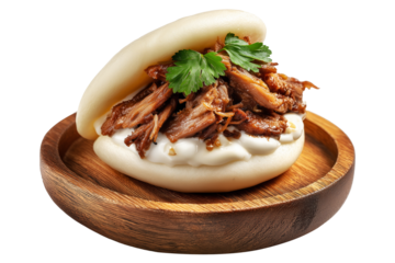 Polynesian steamed bao bun filled with shredded pork, creamy sauce, and cilantro leaves, isolated on white transparent background, concept of Polynesian Snacks Keke Pua street food