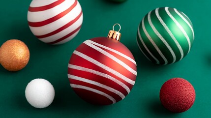 Red and Green Striped Christmas Ornaments on Green Background