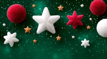 Red and White Festive Winter Stars and Balls on Green Background