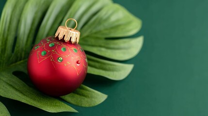 Red Christmas Ornament on Tropical Leaf Against Dark Green Background