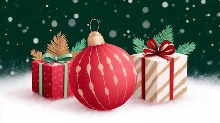 Red Christmas Ornament and Gifts on Snowy Background