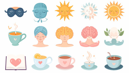 Set of cute illustrations representing self-care, daily routine, and mental wellness concepts for a balanced lifestyle