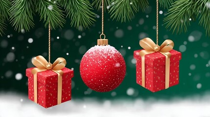 Red Christmas Ornaments and Gifts Hanging from Pine Branches