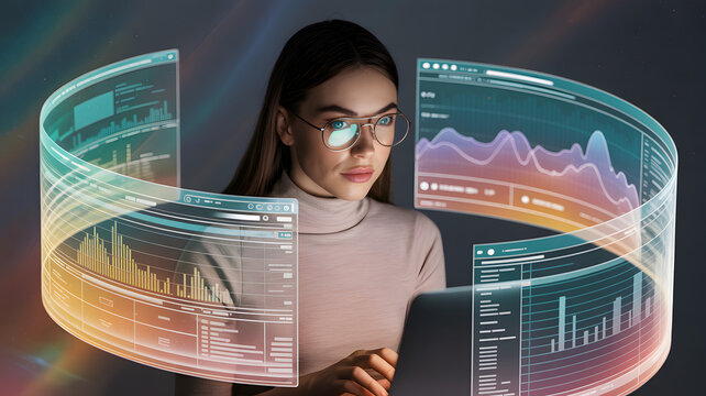 Woman with glasses working on laptop surrounded by translucent data screens and graphs in the dark - Powered by Adobe