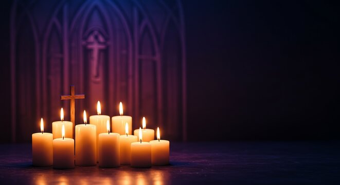Malaysia Christian All Souls Day banner background, church candles on glowing gradient 