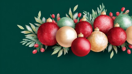 Red Gold Green Christmas Ornaments with Greenery on Dark Green Background