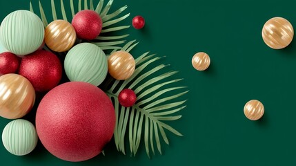 Red Gold Mint Green Christmas Ornaments Tropical Leaves Dark Green Background