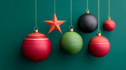 Red Green Black Christmas Ornaments Hanging Against Emerald Green Background