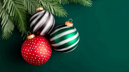 Red Green and Black Striped Christmas Ornaments on Green Background