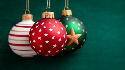 Red Green White Christmas Ornaments Hanging Against Dark Green Background