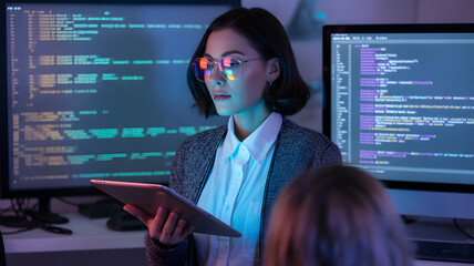 Woman with glasses holding tablet in front of computer screens displaying lines of code in a dark room