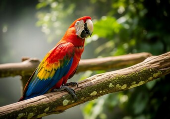 Obraz premium Scarlet Macaw Perched on a Branch in the Rainforest