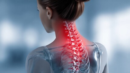 A human figure is shown from the back with a bright red light illuminating the neck and spine area. This visual suggests discomfort or pain and highlights the importance of spinal health.