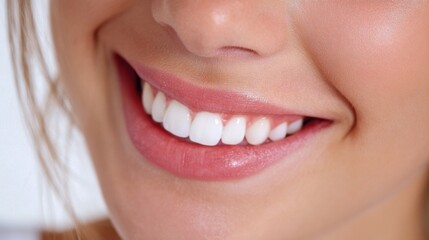 Obraz premium A close-up view of a woman smiling brightly highlighting her white teeth and healthy gums. The soft lighting emphasizes her natural beauty and joyful expression.