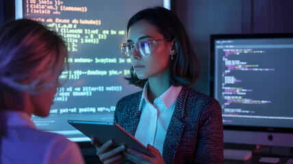 Two women analyzing code on computer screens with one holding a tablet in a dimly lit office