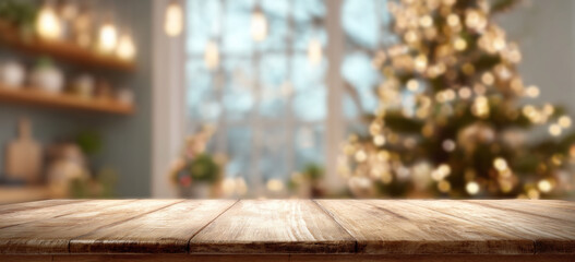 Christmas Table with Bokeh Lights and Christmas Tree Background.