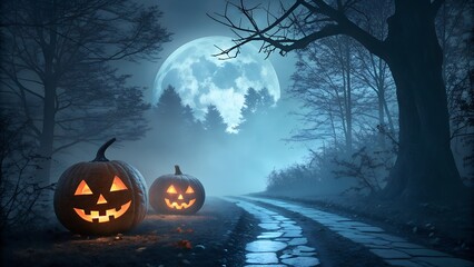 Spooky Halloween Night with Jack O Lanterns and a Full Moon
