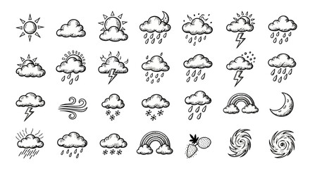 Fototapeta premium A collection of hand-drawn weather forecast icons in a black and white sketch style, depicting various meteorological conditions.