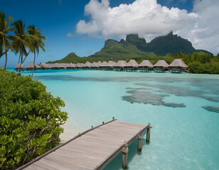 Obraz premium A peaceful and tranquil lagoon in Bora Bora, French Polynesia, with crystal-clear waters and overwater bungalows dotting the shoreline. Tropical beach with blue sky.