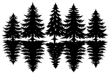 Fototapeta premium Vector art of silhouette of evergreen trees reflected in water