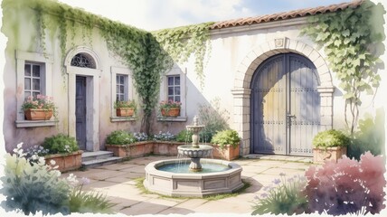 Fototapeta premium Charming European courtyard with fountain and lush greenery