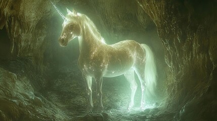 9. A cream-colored unicorn with a shimmering silver horn stands at the entrance of a glowing cave.