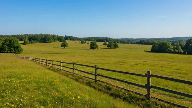 Wooden fence stretches across a grassy field under a clear blue sky