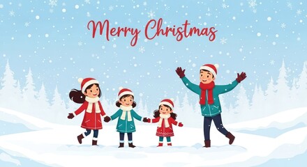 Fototapeta premium Family celebrating Christmas in snowy winter landscape illustration