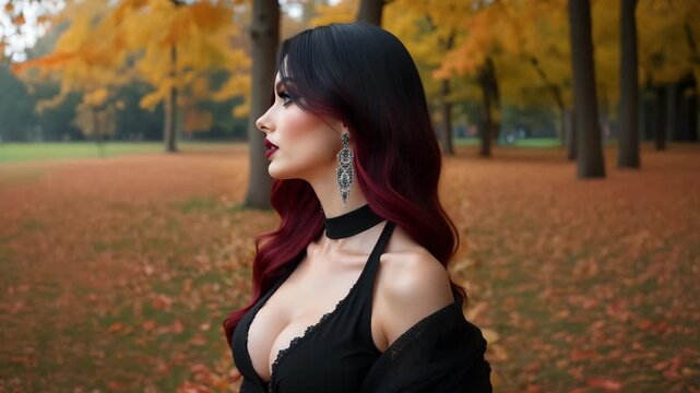Beautiful young woman as a fashion model posing with gothic style fashion in a park in the fall